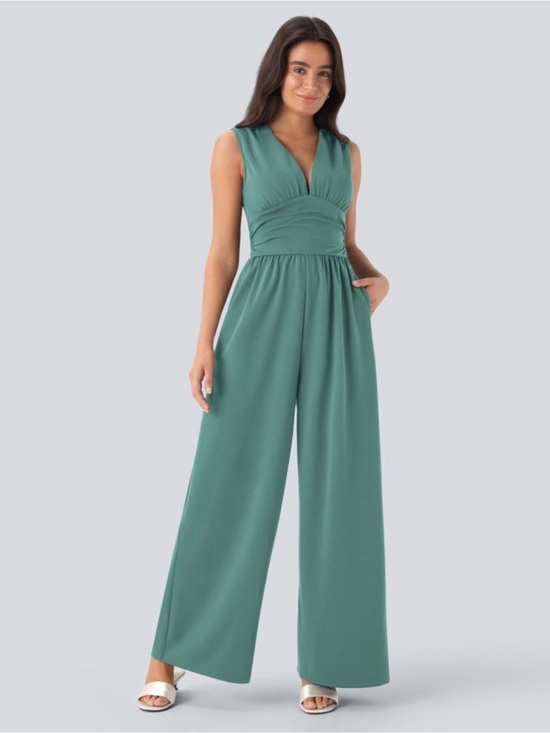 HALARA Pants - HALARA Women's Seafoam Green V-Neck Sleeveless Ruched Pocket Wide Leg Jumpsuit